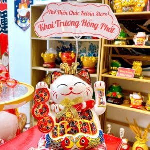 Mèo Thần Tài Ngoắc Khách Dải Tiền 21cm Trà Sữa, Quán Ăn