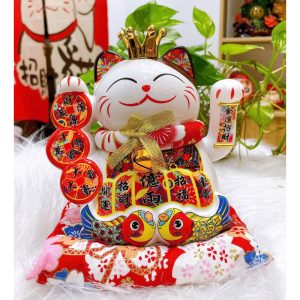 Mèo Thần Tài Vẫy Tay Dải Tiền 2 Cá Chép 21cm Mèo thần tài size vừa tặng khai trương, tân gia
