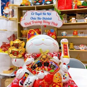 Mèo Thần Tài vẩy khách VINH HOA PHÚ QUÝ 38CM - kèm Hộp và đế đệm quà tặng Khai Trương