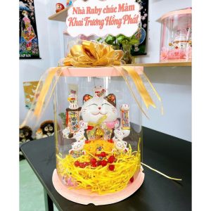 Mèo Thần Tài Thần Tài Gõ Cửa 25cm Kèm Hộp Mica Và Banner Chúc Mừng Tặng Khai Trương, Tân Gia
