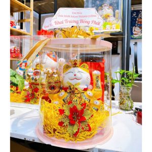 Mèo Thần Tài Vẫy Tay Đế Vương Vàng 25cm (Kèm Hộp Mica Sang Trọng) - Quà Tặng Khai Trương, Tân Gia Cao Cấp