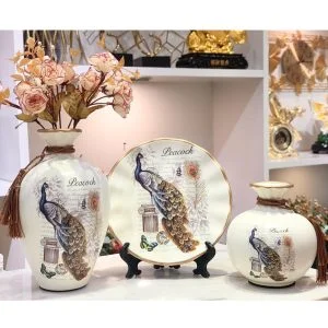 Bộ 3 Món Bình Hoa Đĩa Khổng Tước Trang Trí Tặng Tân Gia