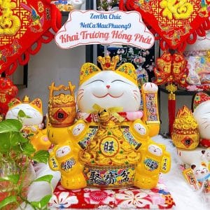 Mèo Thần Tài Vẫy Tay Đế Vương Vàng 35cm Phúc Lộc Vàng