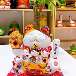 Mèo Phát Tài Vẫy Tay Đắc Lợi 18cm Kèm Hộp + Đệm Đỏ