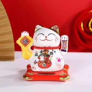 Mèo Thần Tài Vẫy Tay Năng Lượng Mặt Trời Bằng Gốm Sứ
