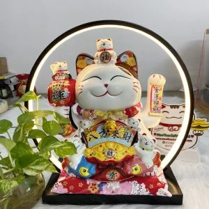 Mèo Thần Tài Vẫy Tay Hồng Phát 35cm Kèm Đèn