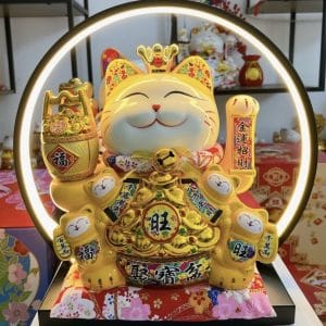 Mèo Thần Tài Vẫy Tay Đế Vương Vàng 35cm Kèm Đèn