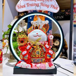 Mèo Thần Tài Vẫy Tay Đế Vương Đỏ 22cm Kèm Đèn Hào Quang – Quà Khai Trương, Tân Gia