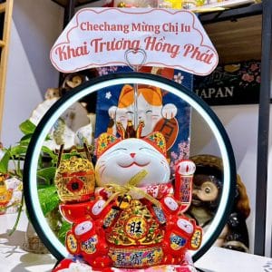 Mèo Thần Tài Vẫy Tay Đế Vương Đỏ 22cm Kèm Đèn Hào Quang