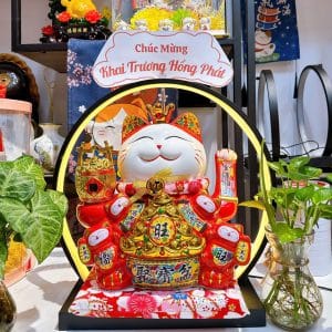 Mèo thần tài ĐẾ VƯƠNG ĐỎ 35cm ngoắc khách Kèm Đèn