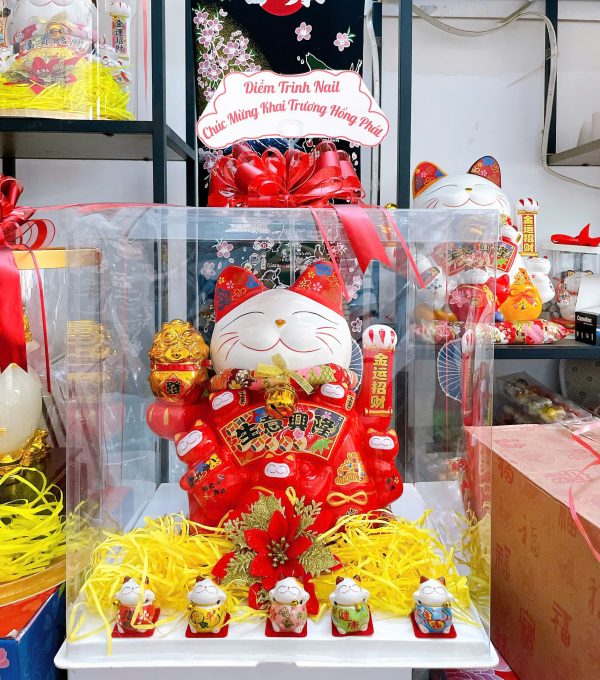 Mèo thần tài phú quý đỏ kèm mèo mini