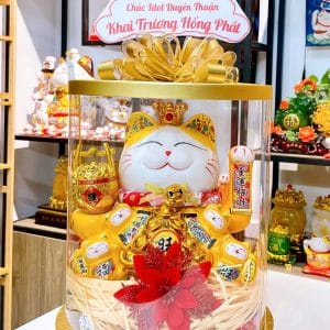 Combo Hộp Quà Mèo Thần Tài Đế Vương Vàng 35cm