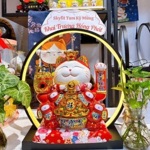 Mèo Thần Tài Đế Vương Đỏ 29cm Kèm Đèn Hào Quang
