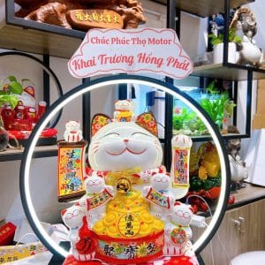 Mèo Thần Tài Kèm Đèn Hào Quang Kim Lượng – Linh Vật Chiêu Tài