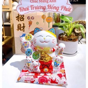 Mèo Thần Tài Hưng Gia Vượng Lộc 22cm (4 Đồng Xu) – Quà Khai Trương, Tân Gia Ý Nghĩa Kích Tài Đón Lộc