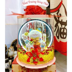 Mèo Thần Tài Vẫy Tay "Hưng Gia Vượng Lộc" 22cm Trang Trí Hoa Kèm Đèn Hào Quang – Tay Cầm 4 Đồng Xu May Mắn Quà Tặng Khai Trương, Tân Gia Đẳng Cấp