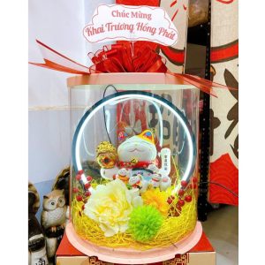 Bộ Mèo Thần Tài Vẫy Tay "Thuận Buồm Xuôi Gió" 18cm Trang Trí Hoa Kèm Khung Đèn Hào Quang – Quà Tặng Khai Trương, Tân Gia Đẳng Cấp
