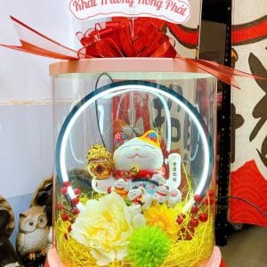 Bộ Quà Tết Mèo Thần Tài 18cm Kèm Đèn Tròn