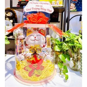 Mèo Thần Tài Vẫy Tay Size Lớn "Phát Lộc" 35cm Kèm Hộp Mica & Banner Chúc Mừng – Quà Tặng Khai Trương Đẳng Cấp