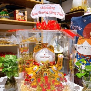 Hộp Quà Vuông Mèo Thần Tài Đế Vương Vàng 35cm