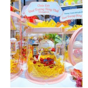 Mèo Thần Tài Vẫy Tay "Khai Vận Phát Tài" 21cm Kèm Khung Mica Trang Trí – Quà Tặng Tân Gia, Khai Trương Đẳng Cấp